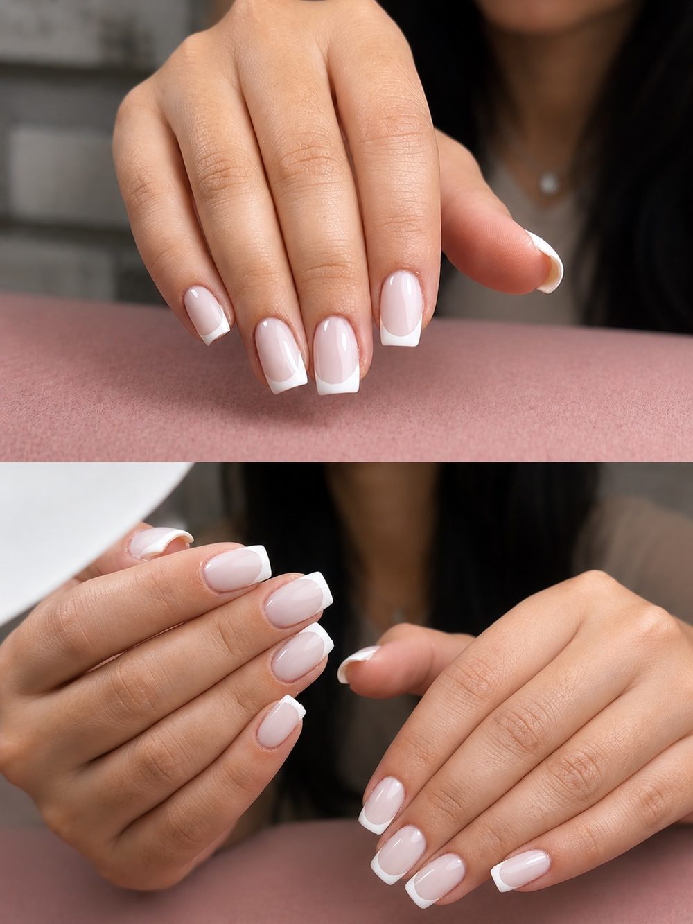 Dettaglio di una french manicure su unghie squadrate a lunga tenuta